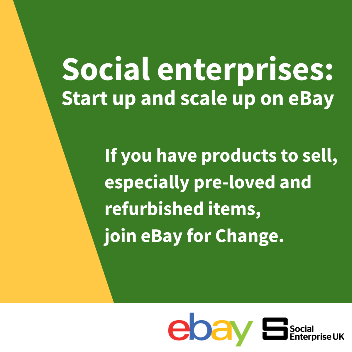 white text on a green background saying social enterprises start up and scale up on eBay